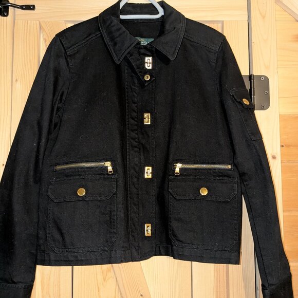 Ralph Lauren Jeans Black Canvas Military Jacket Womens Large Gold Toggle Utility - Picture 3 of 12